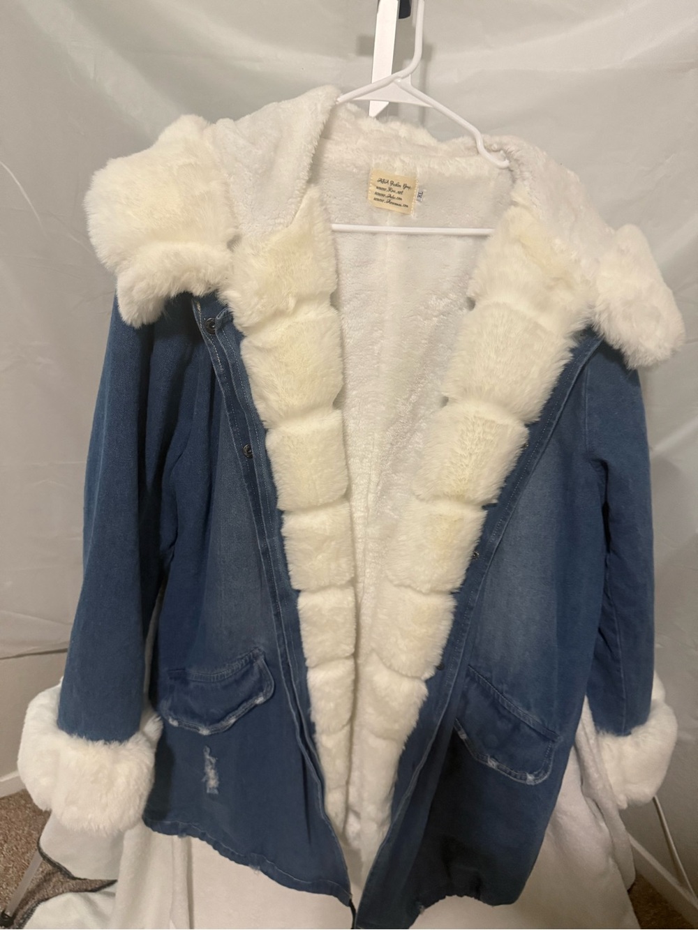 Women’s Blue Denim Coat with White Faux Fur Trim